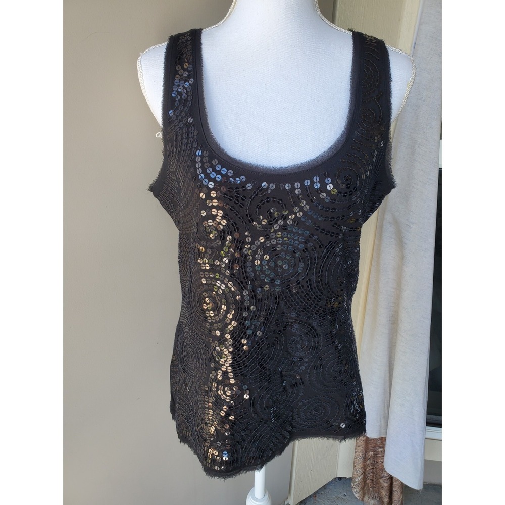 White House Black Market Top Women Large Black Spiral Sequin Elegant Party Shiny